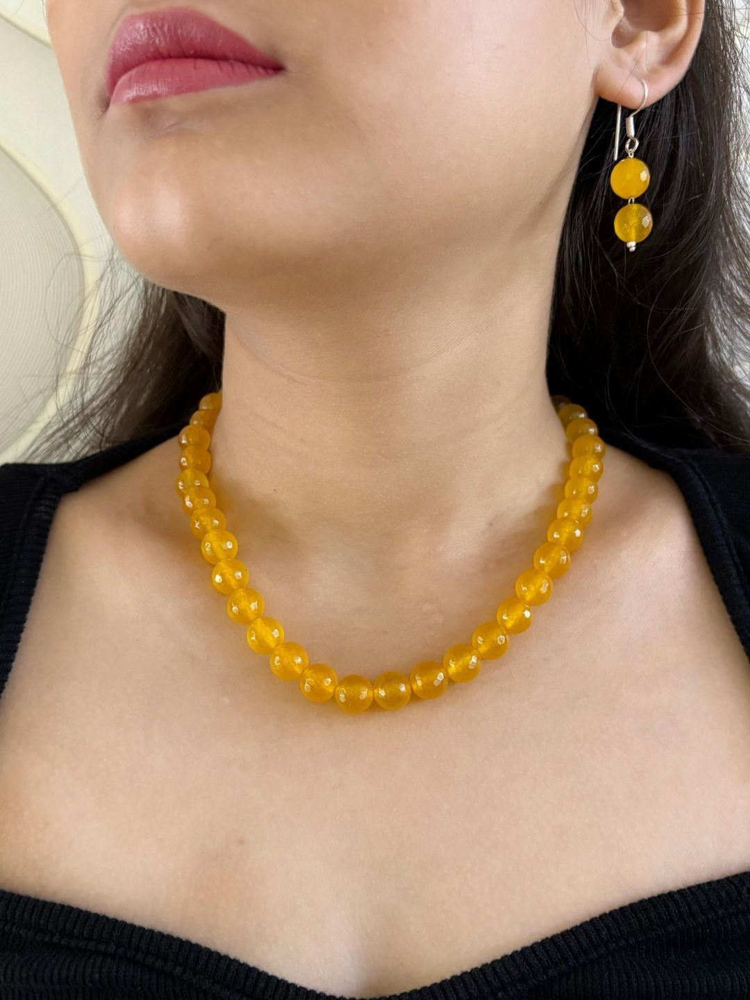 Gehna By Beadazzled Silver-Plated Yellow Jade Stones Beaded Jewellery Set