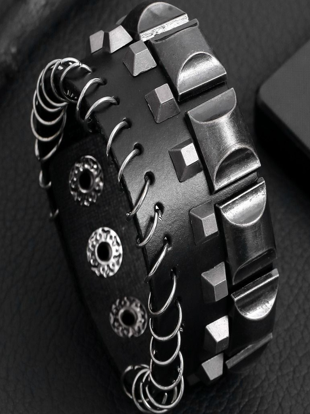 Jewelgenics Men Black Spiral Braided Wrap Band Button Leather Bracelet