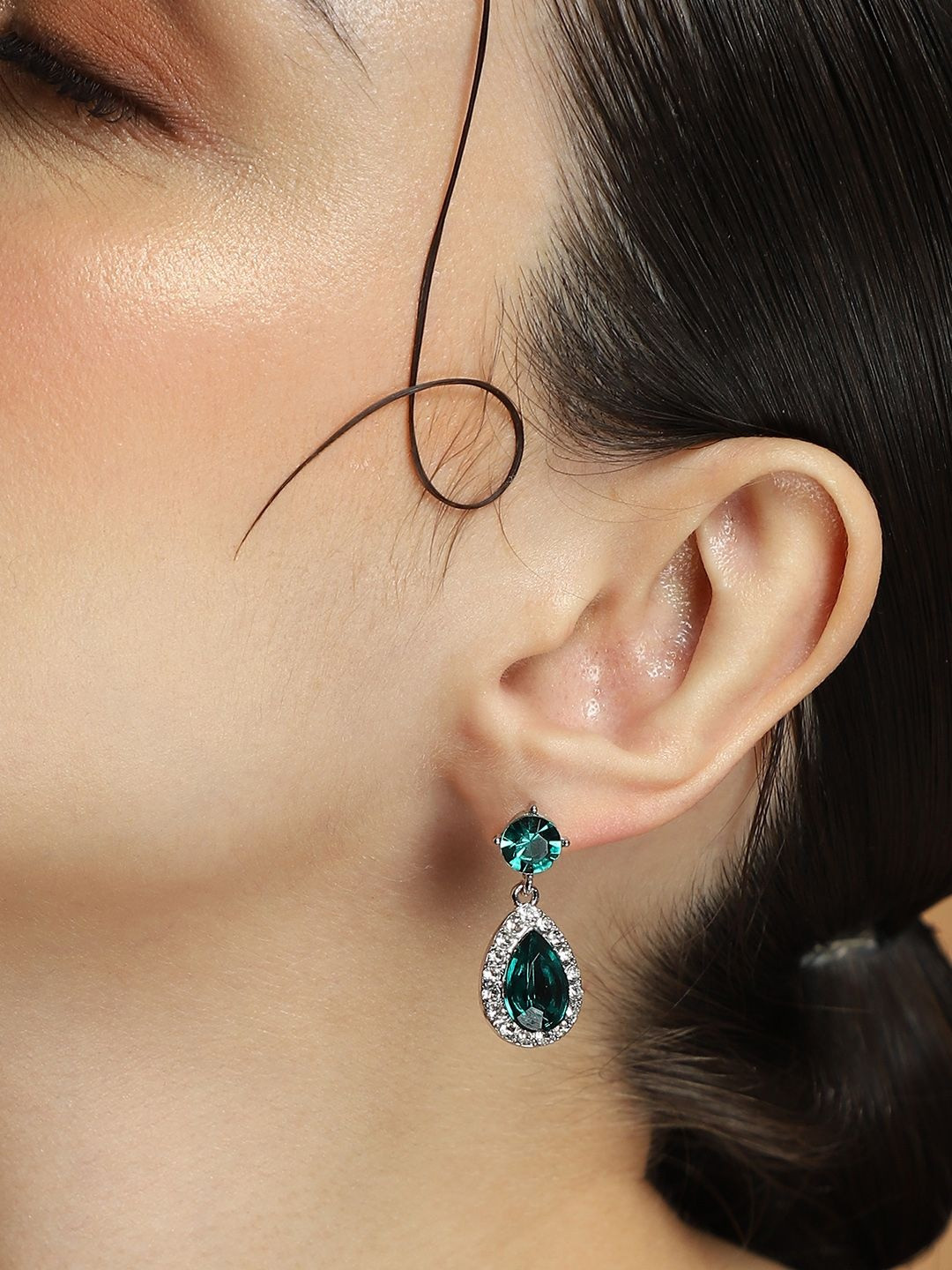 SOHI Women Contemporary Viridescent-Crystal Drop Earrings