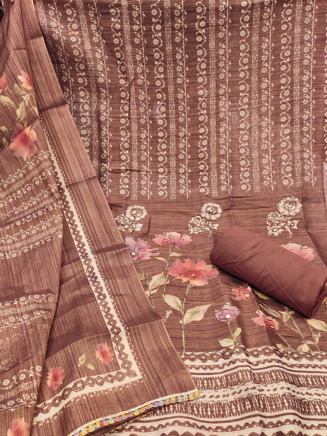 KALINI Brown Simmer Cotton Silk Embroidery Dress Material With Dupatta