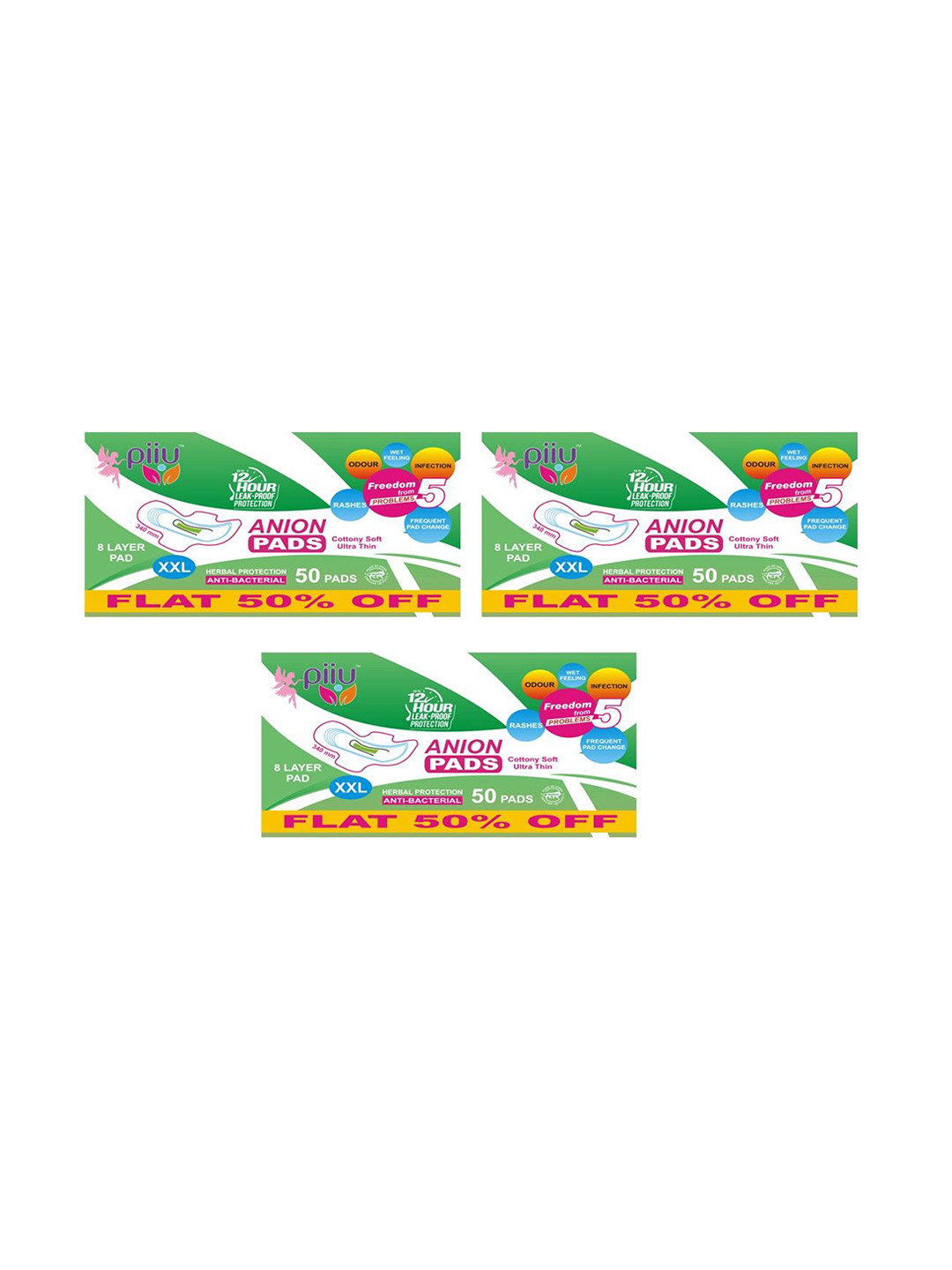 PIIU Set Of 3 Cottony Soft Rash Free Ultra-Thin Anion Sanitary Pads- XXL - 150 Pads Each