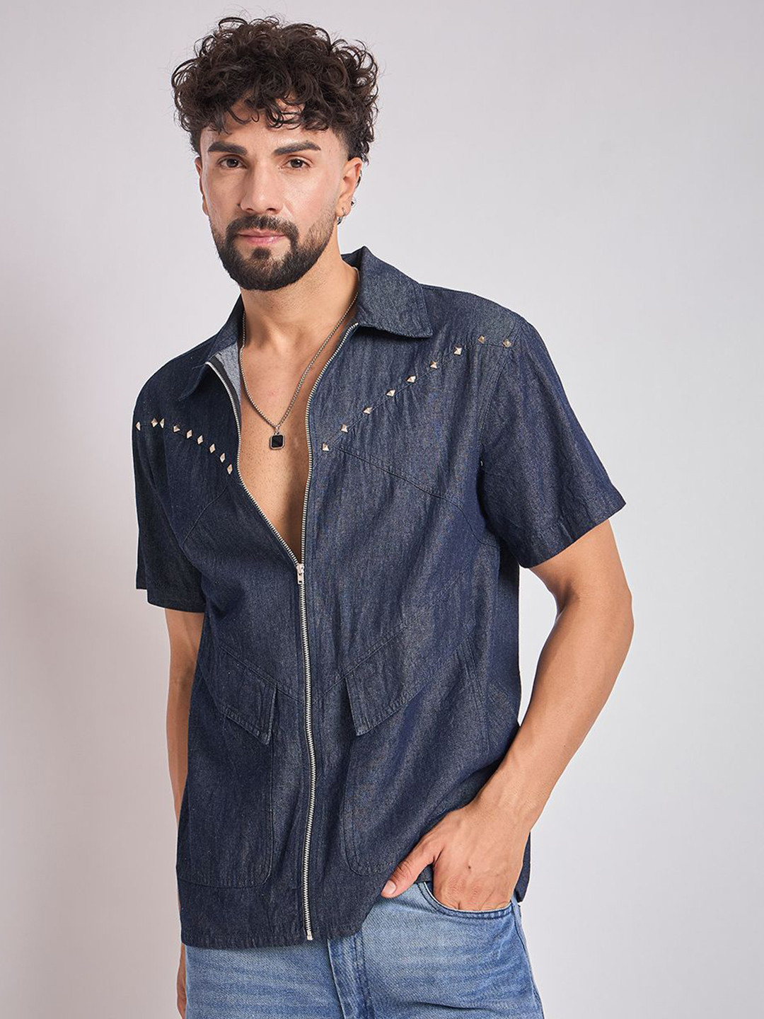 FUGAZEE Spread Collar Denim Embellished Cotton Casual Shirt