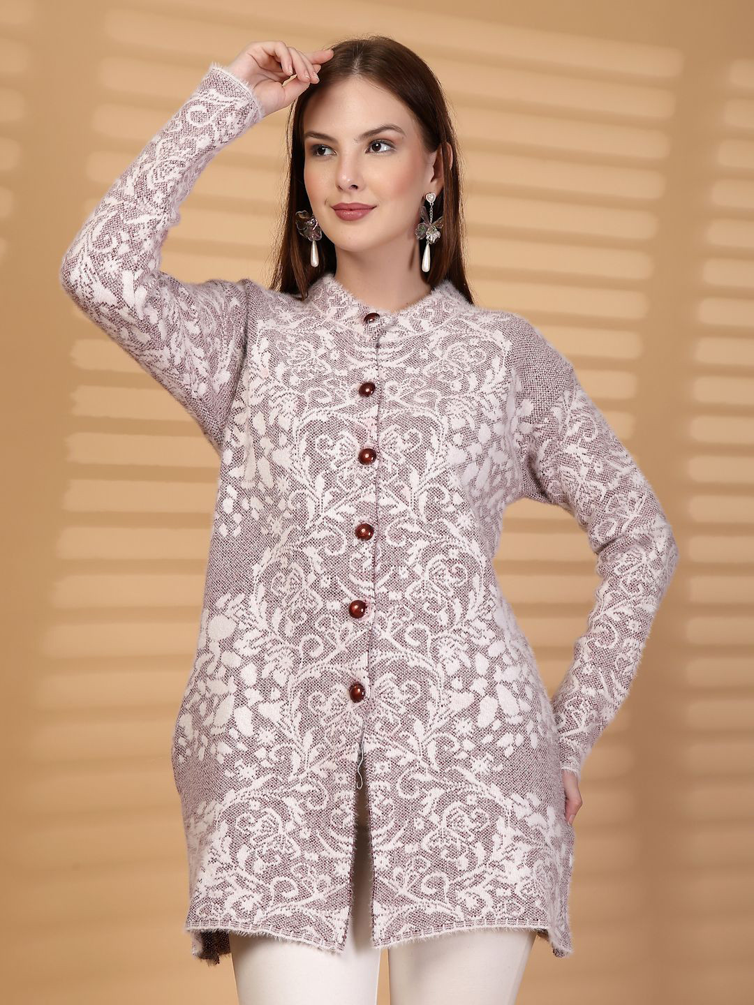 Clora Creation Women Self designe Floral Woollen Longline Cardigan