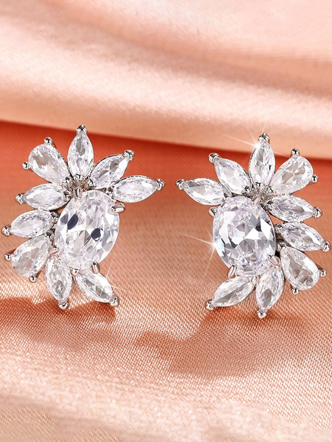 Jewels Galaxy Women Silver Plated American Diamond Studded Crushed Ice Cut Stud Earrings