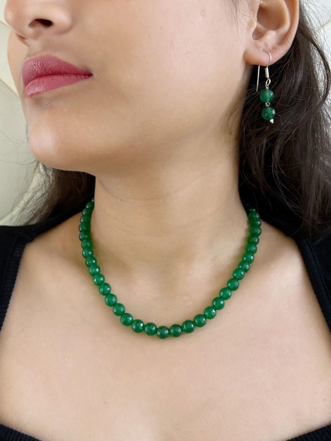 Gehna By  Beadazzled Silver-Plated Pink Jade Stones Beaded Jewellery Set