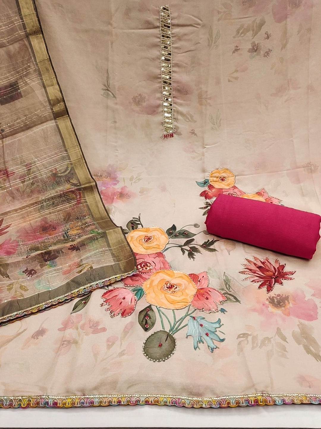 KALINI Women Beige & Pink Floral Printed & Sequined Cotton Unstitched Dress Material