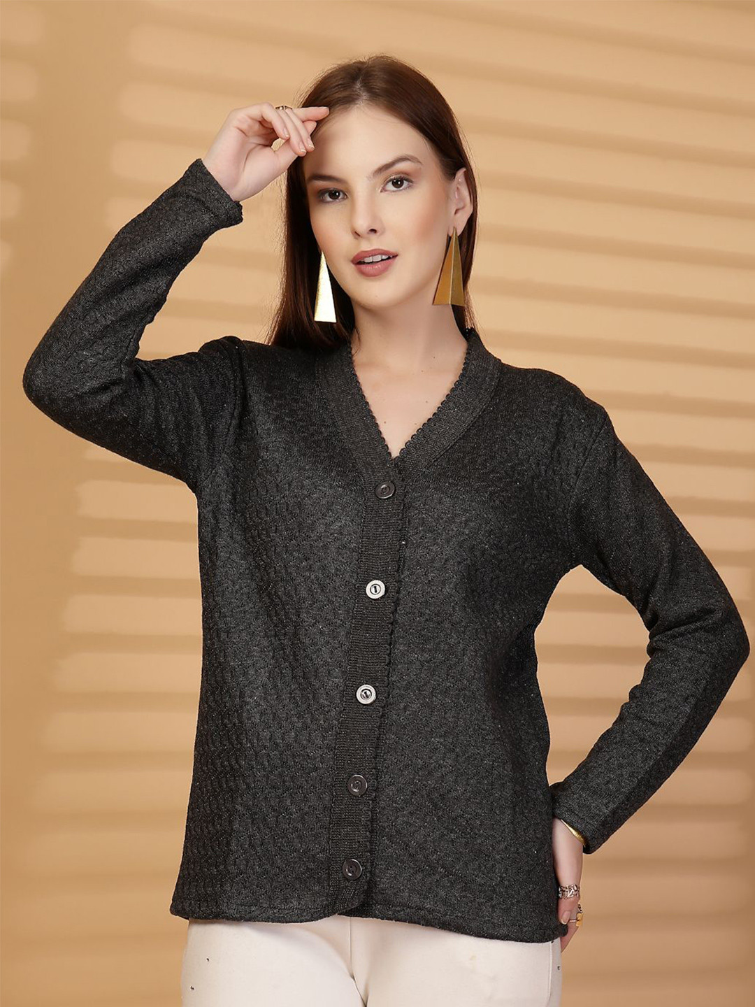 Clora Creation Women Abstract Self Design Button-Down Woollen Cardigan