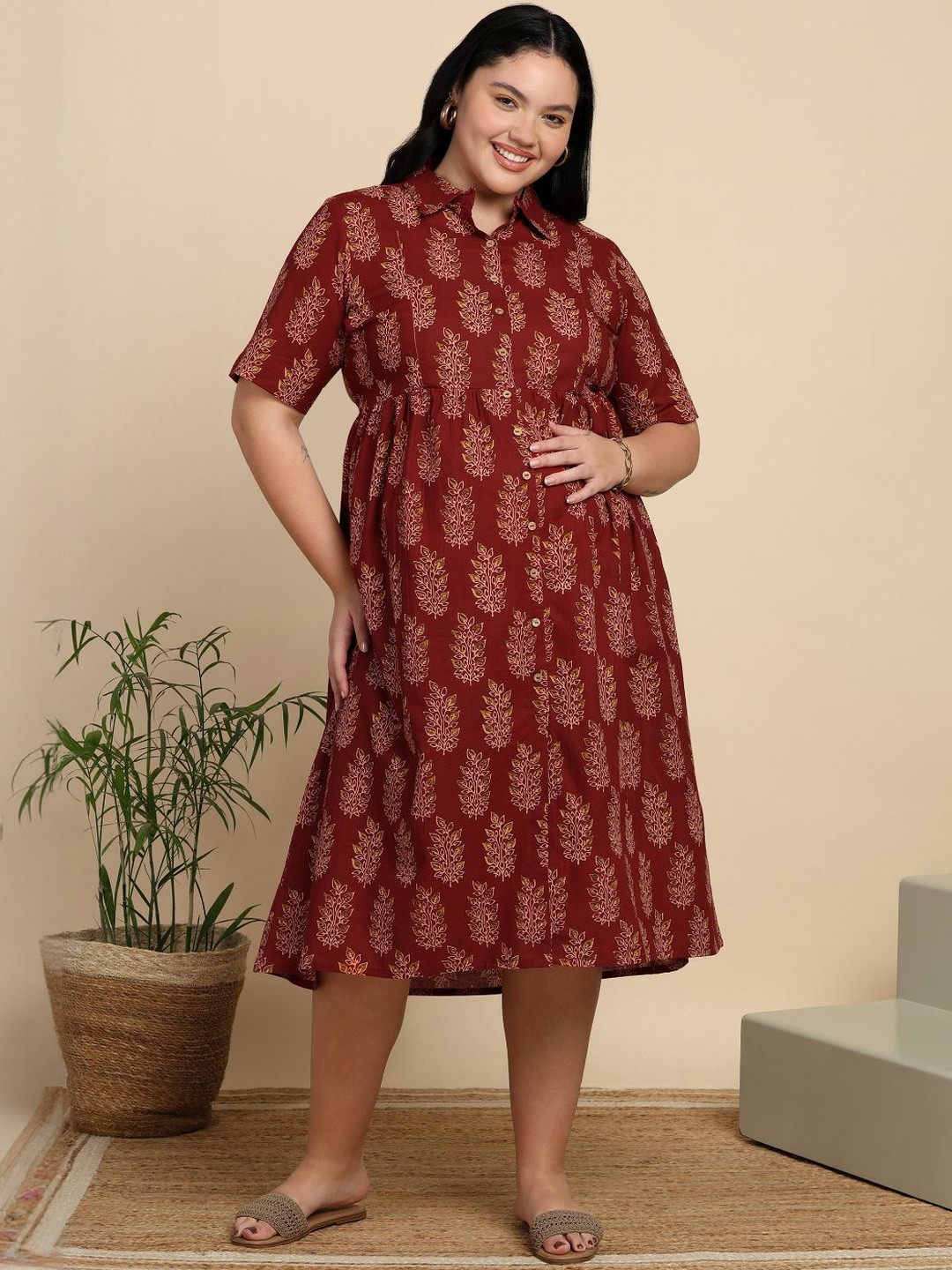 YASH GALLERY Women Maroon Floral Print Maternity A-Line Midi Dress