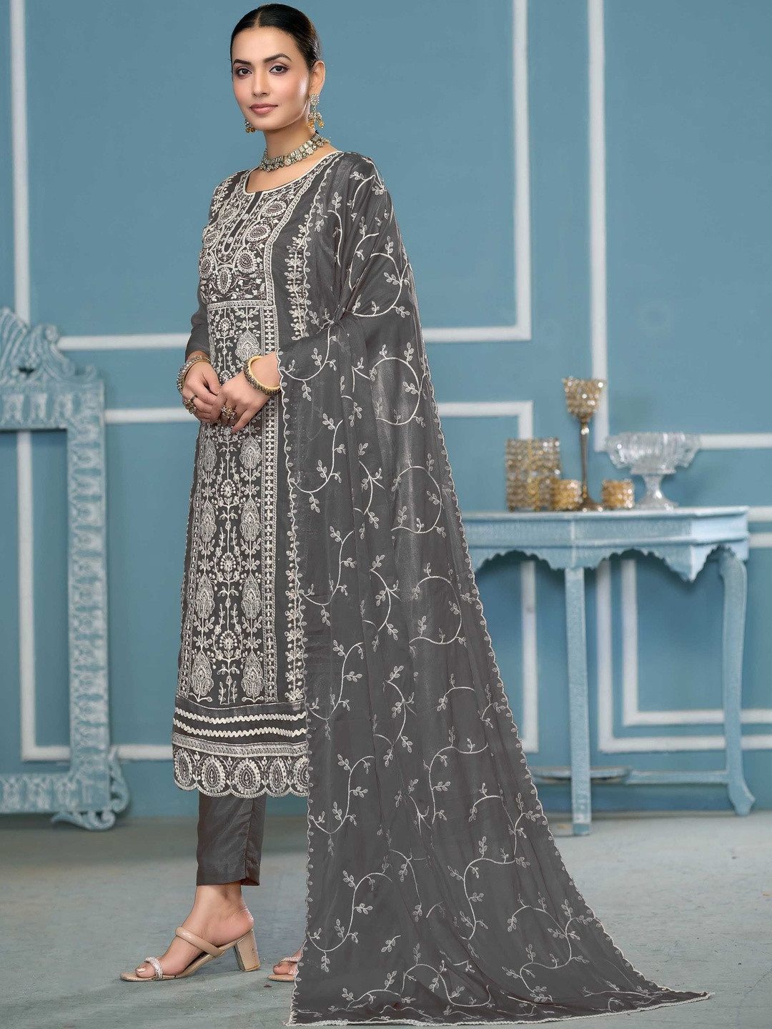 KALINI Embroidered Dark Grey Organza Unstitched Dress Material