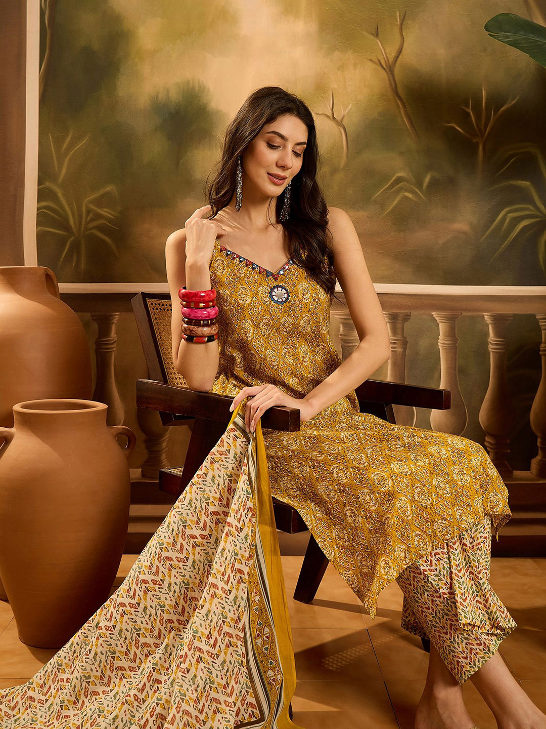 Stylum Floral Printed V-Neck Screen Mirror Work Pure Cotton Kurta With Palazzos & Dupatta