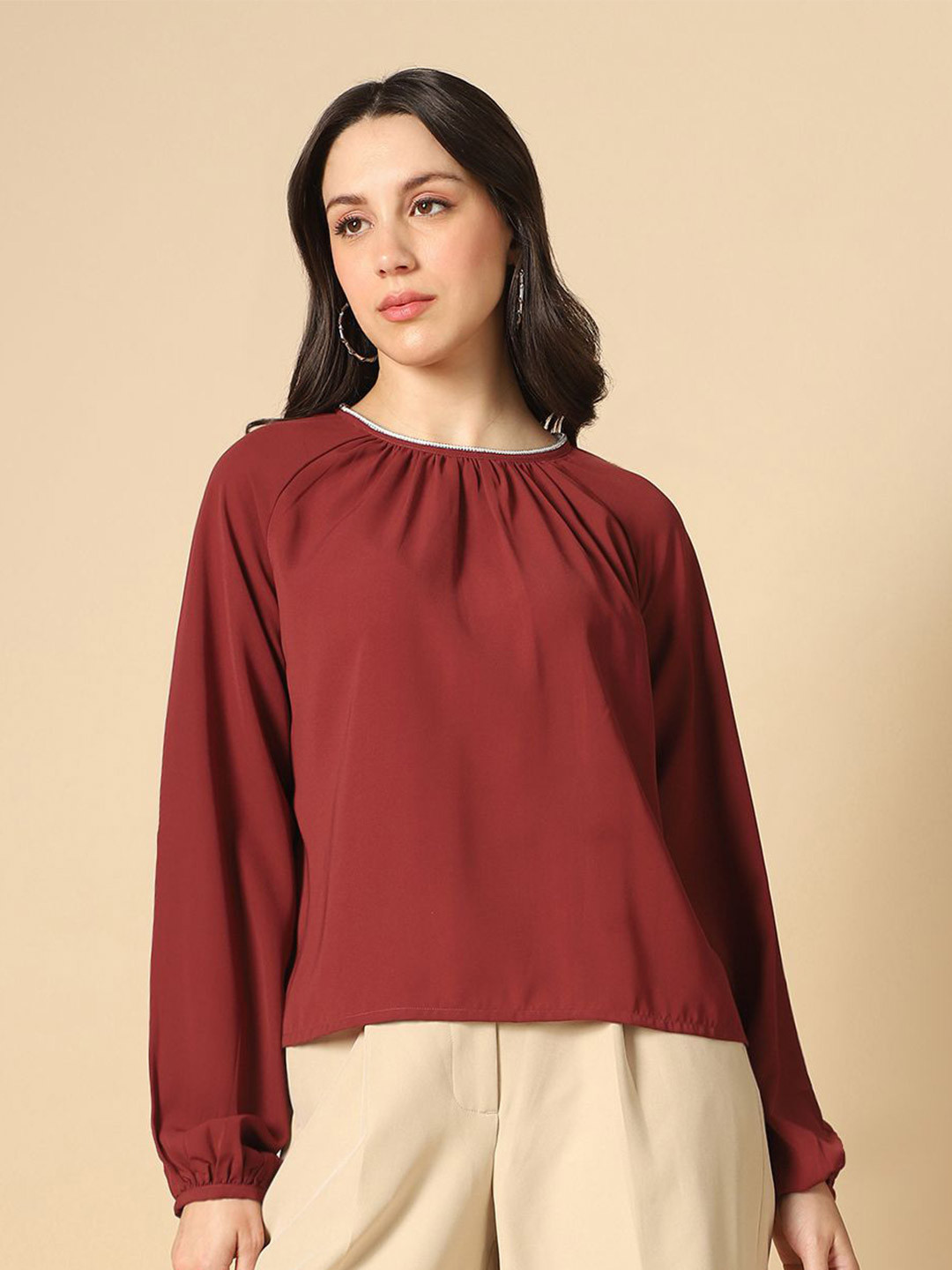 Globus Women Maroon Embellished Jewel Neck Raglan Sleeves Pleated Georgette Party Top