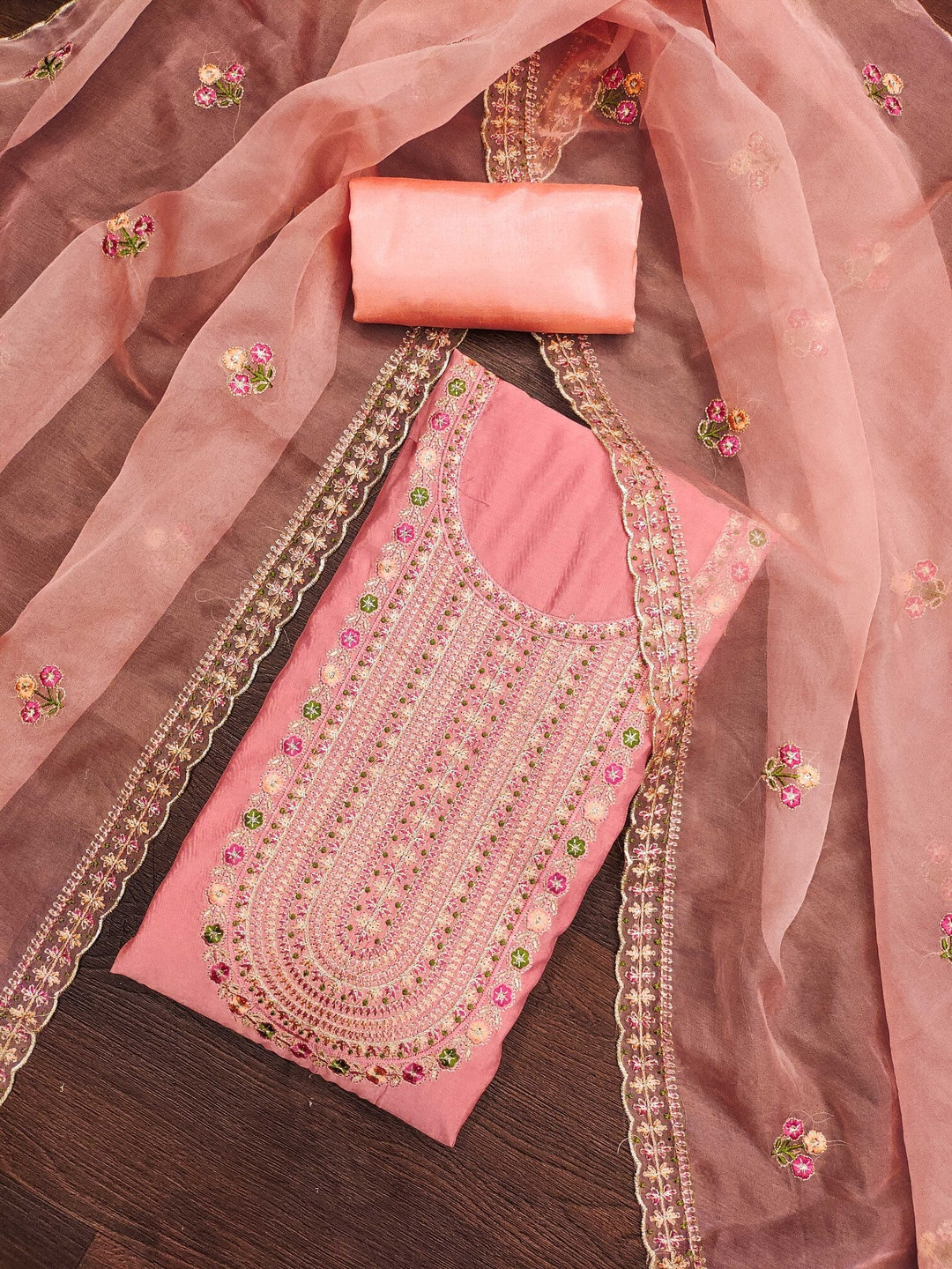 KALINI Cotton Blend Peach Embroidered Dress Material