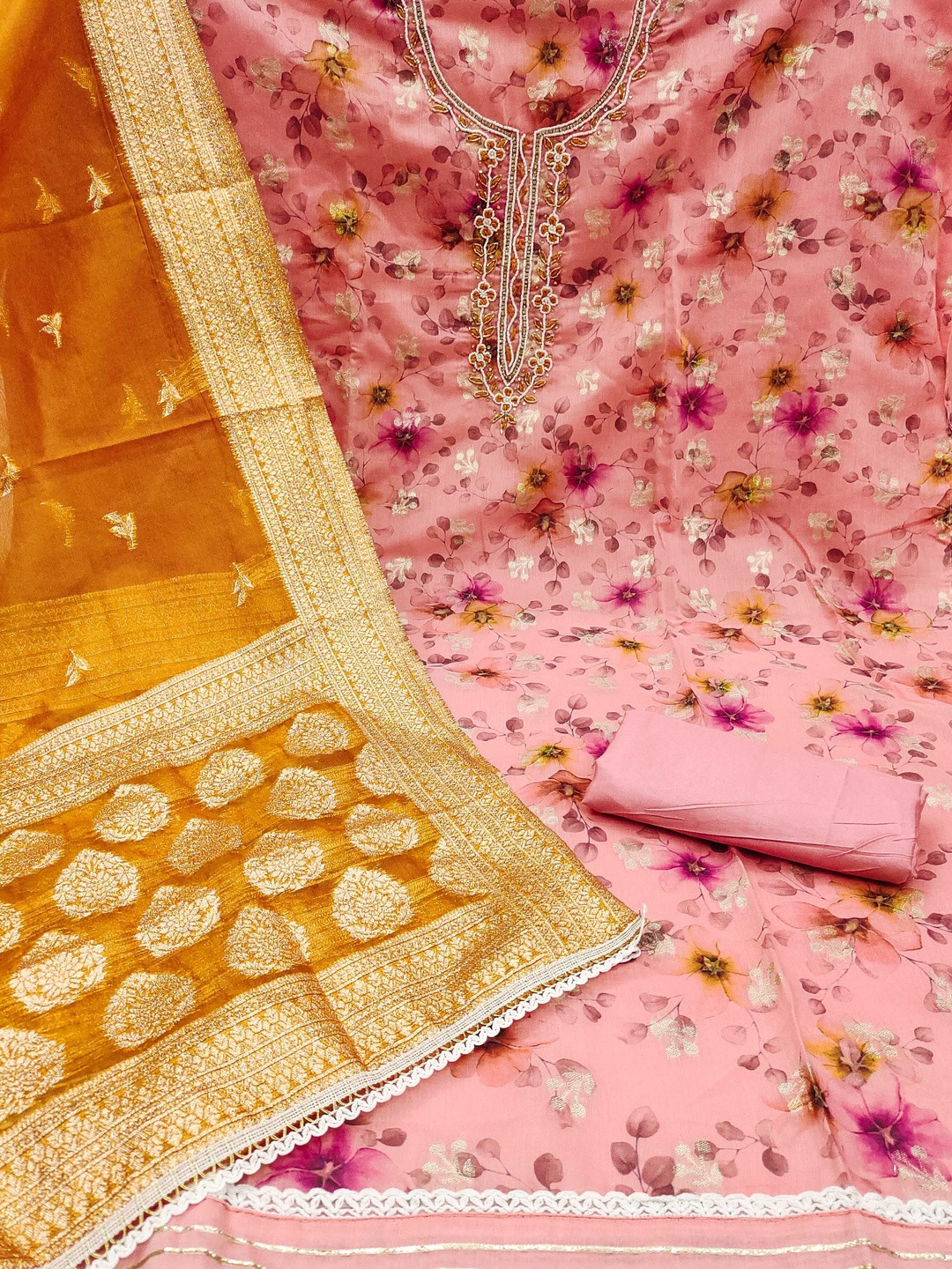 KALINI Silk Blend Pink Woven Design Dress Material