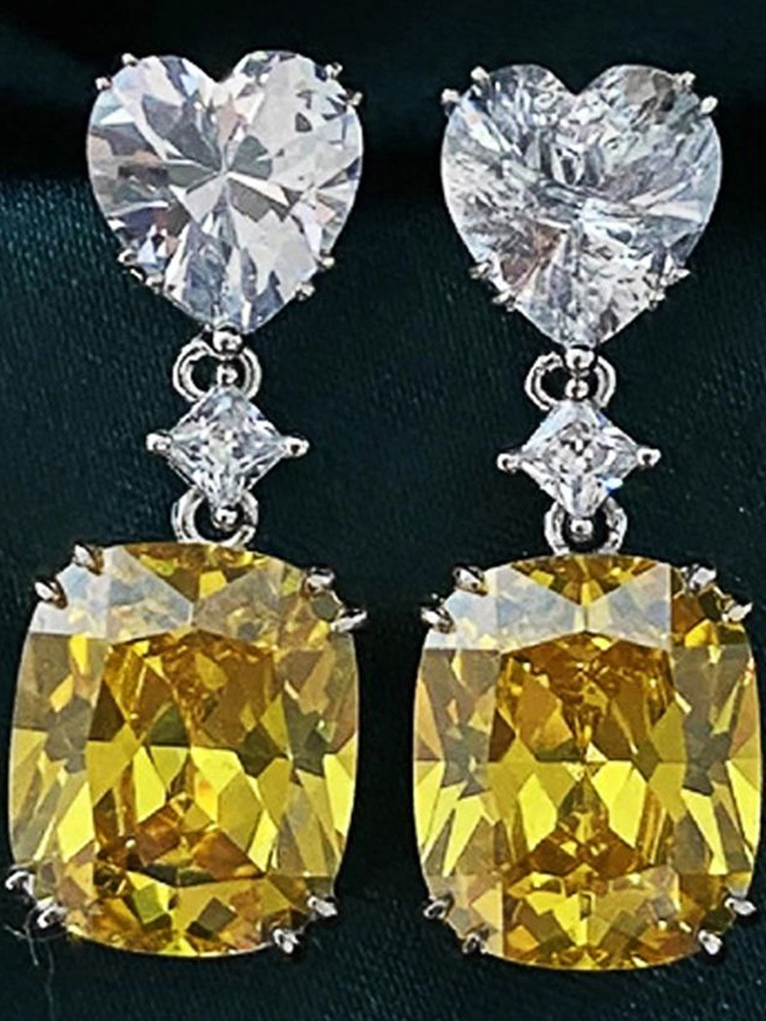 Jewels Galaxy Yellow Silver Plated Diamond Silver Heart Crushed Ice Cut Drop Earrings