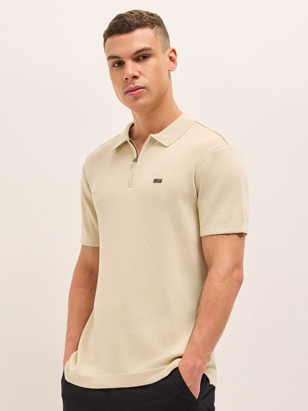 THE BEAR HOUSE Men Textured Cotton Flat Knit Polo Collar T-shirt