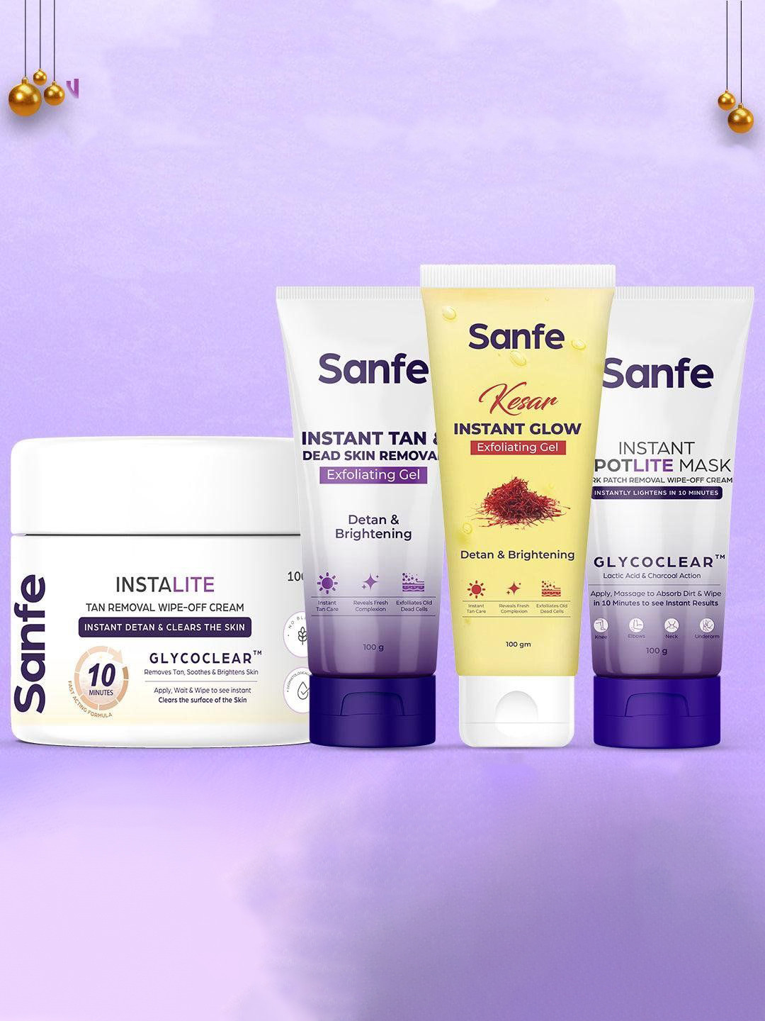 Sanfe Set Of 4 Tan Removal Wipe-Of Cream-Exfoliating Gel & Instant Spotlite Mask-100g Each