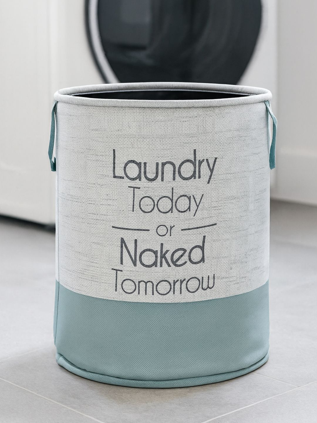 Kuber Industries Grey & Blue Printed Non-Woven Jute Round Foldable Laundry Basket