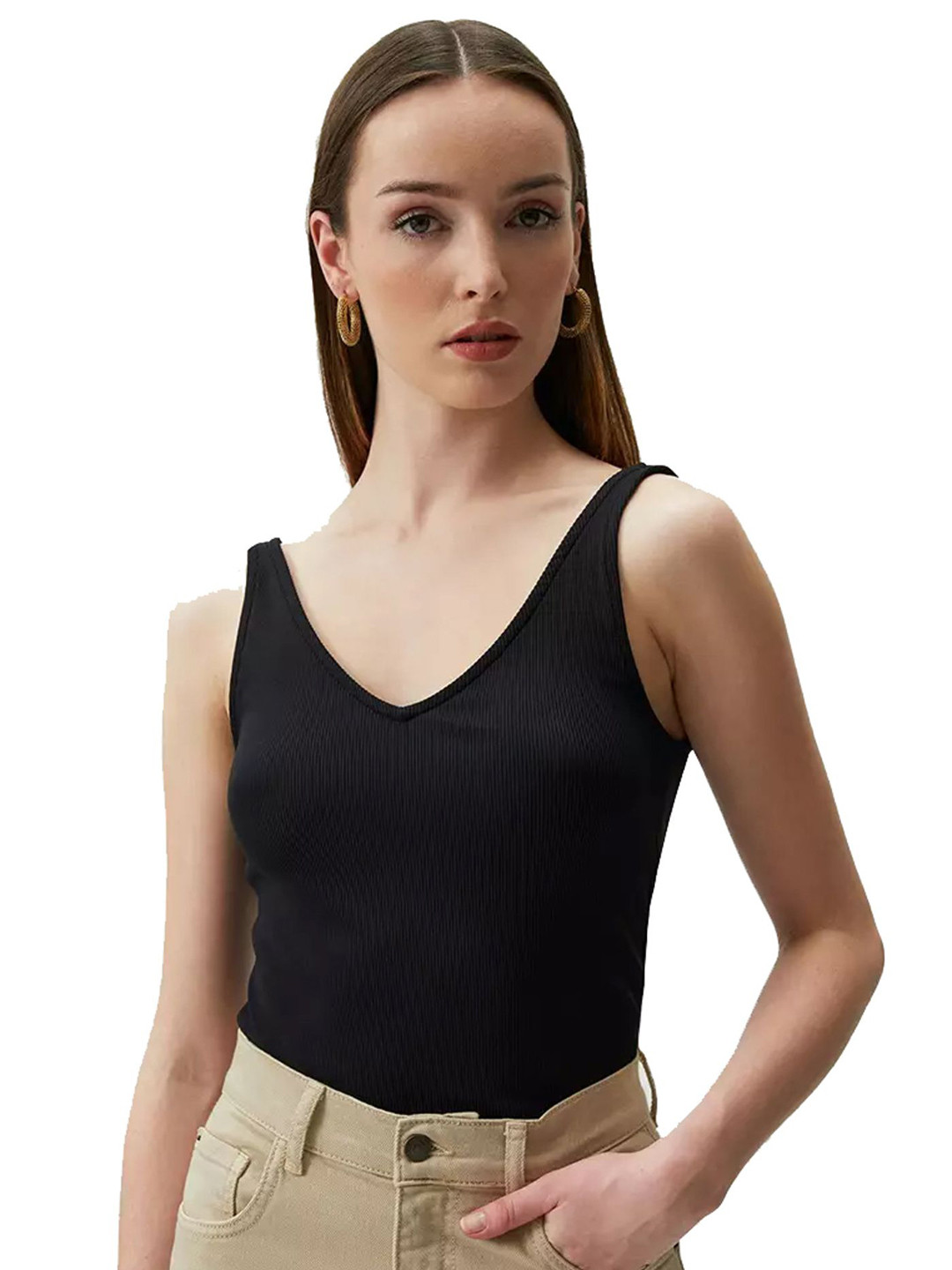 Stars and You Women Black Ribbed Sleeveless V-Neck Top