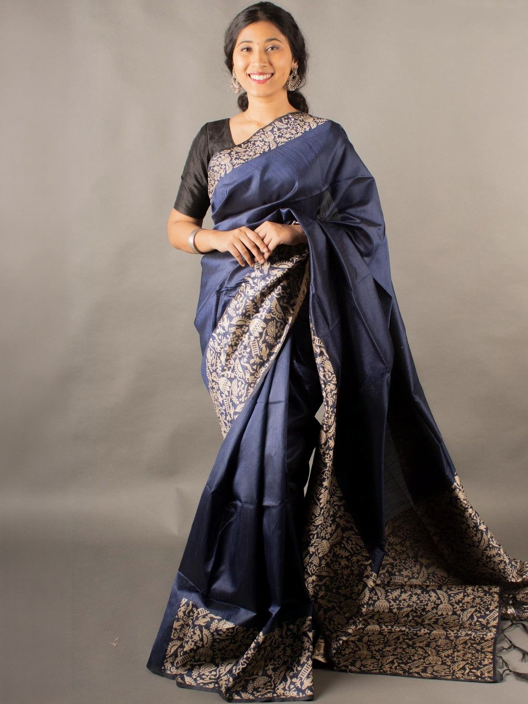 Anouk Women Navy Blue Floral Banarasi Sarees With Blouse Piece