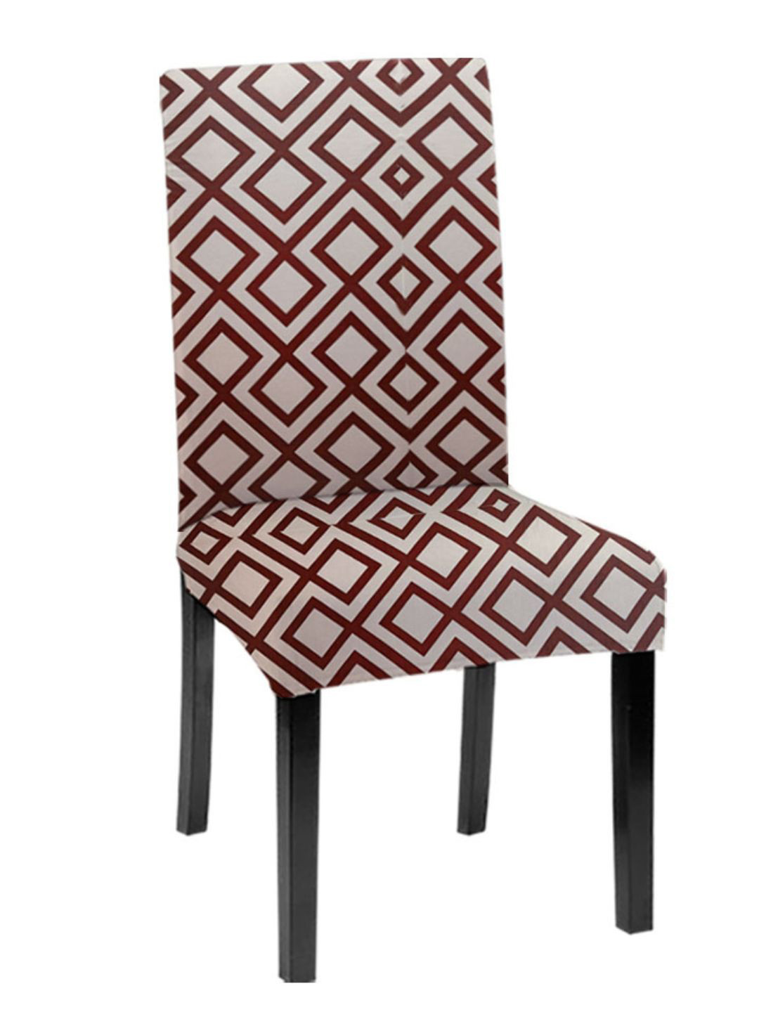 Lazi 200 GSM 1 Piece Cream & Brown Geometric Stretchable Dining Chair Cover