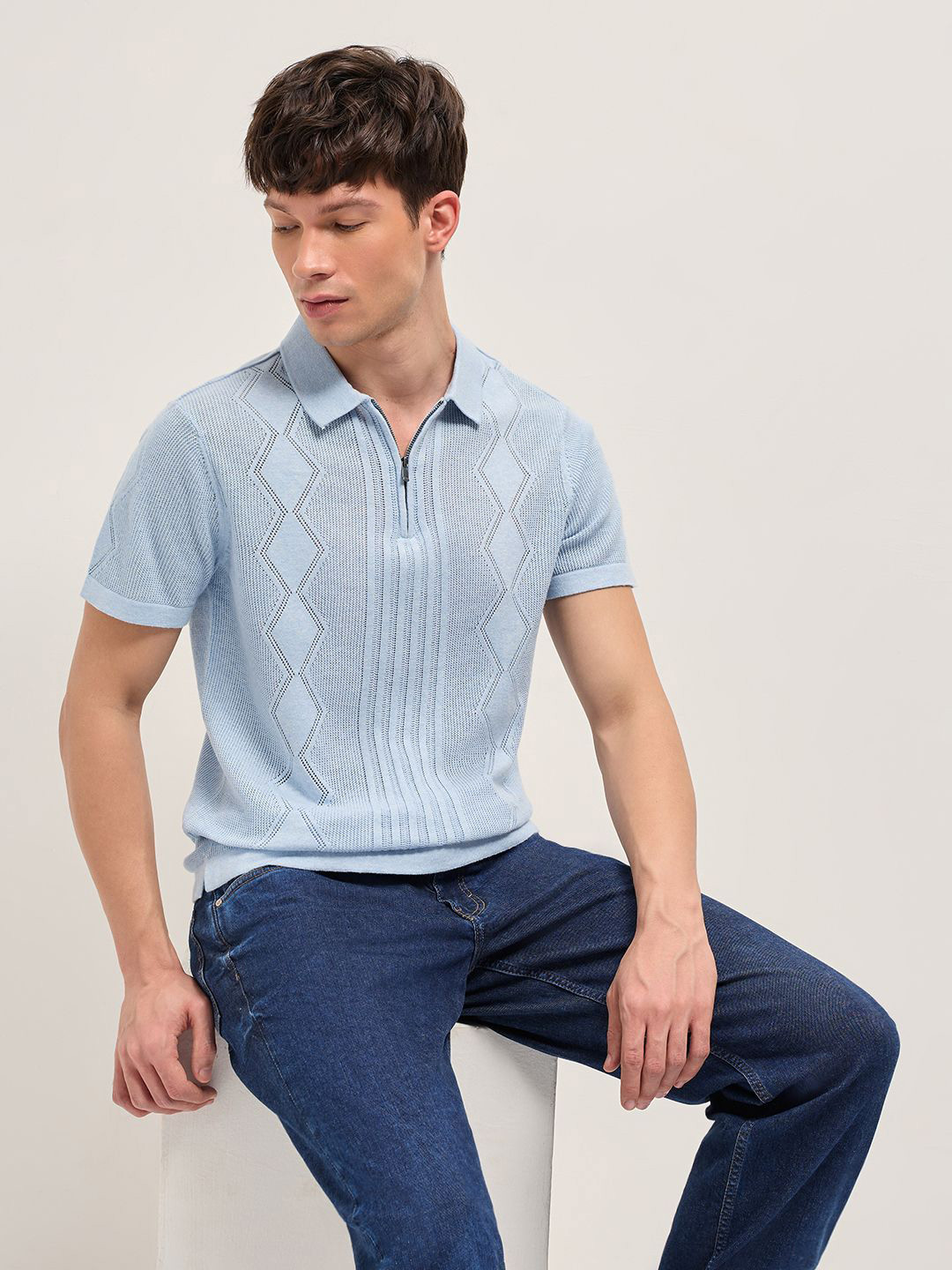 THE BEAR HOUSE Men Cotton Textured Flat Knit Regular Fit Polo Collar T-shirt