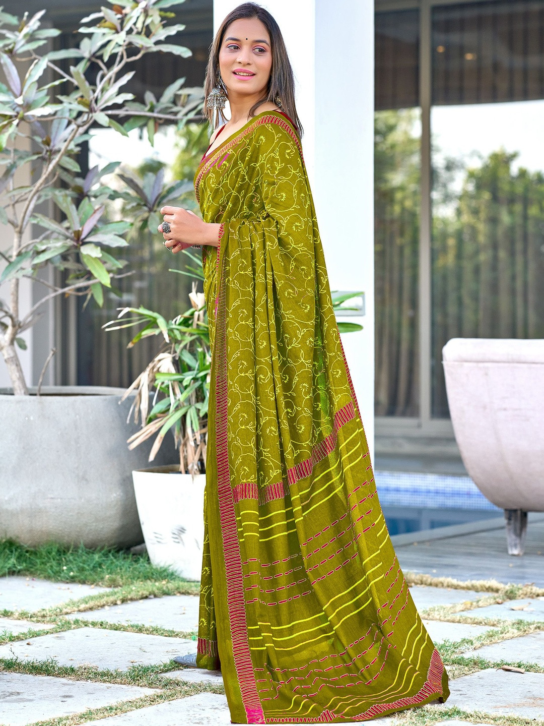 Anouk Green Floral Pure Cotton Sarees