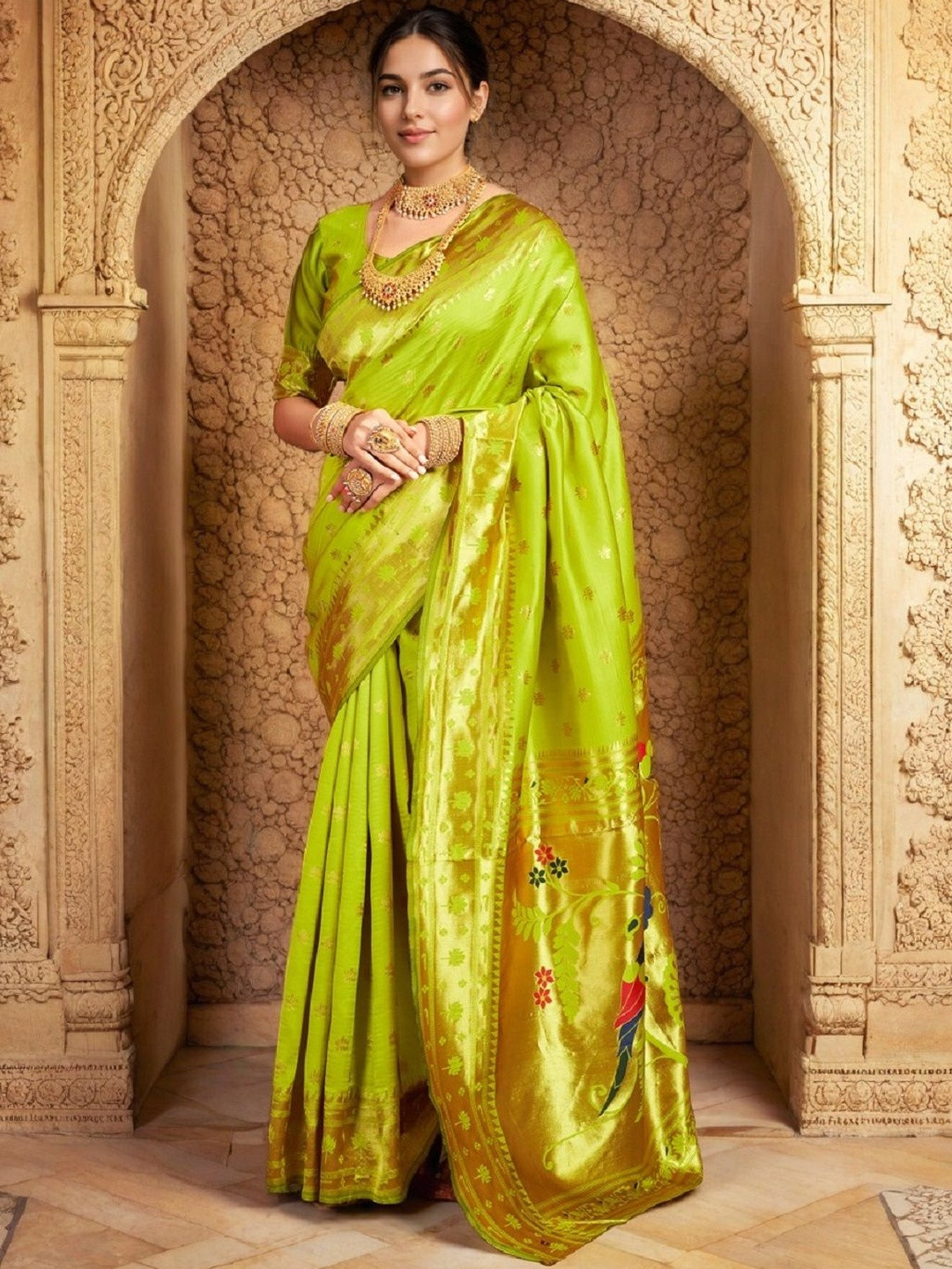 Suha Women Zari Woven Design Lime Green Art Silk Sarees