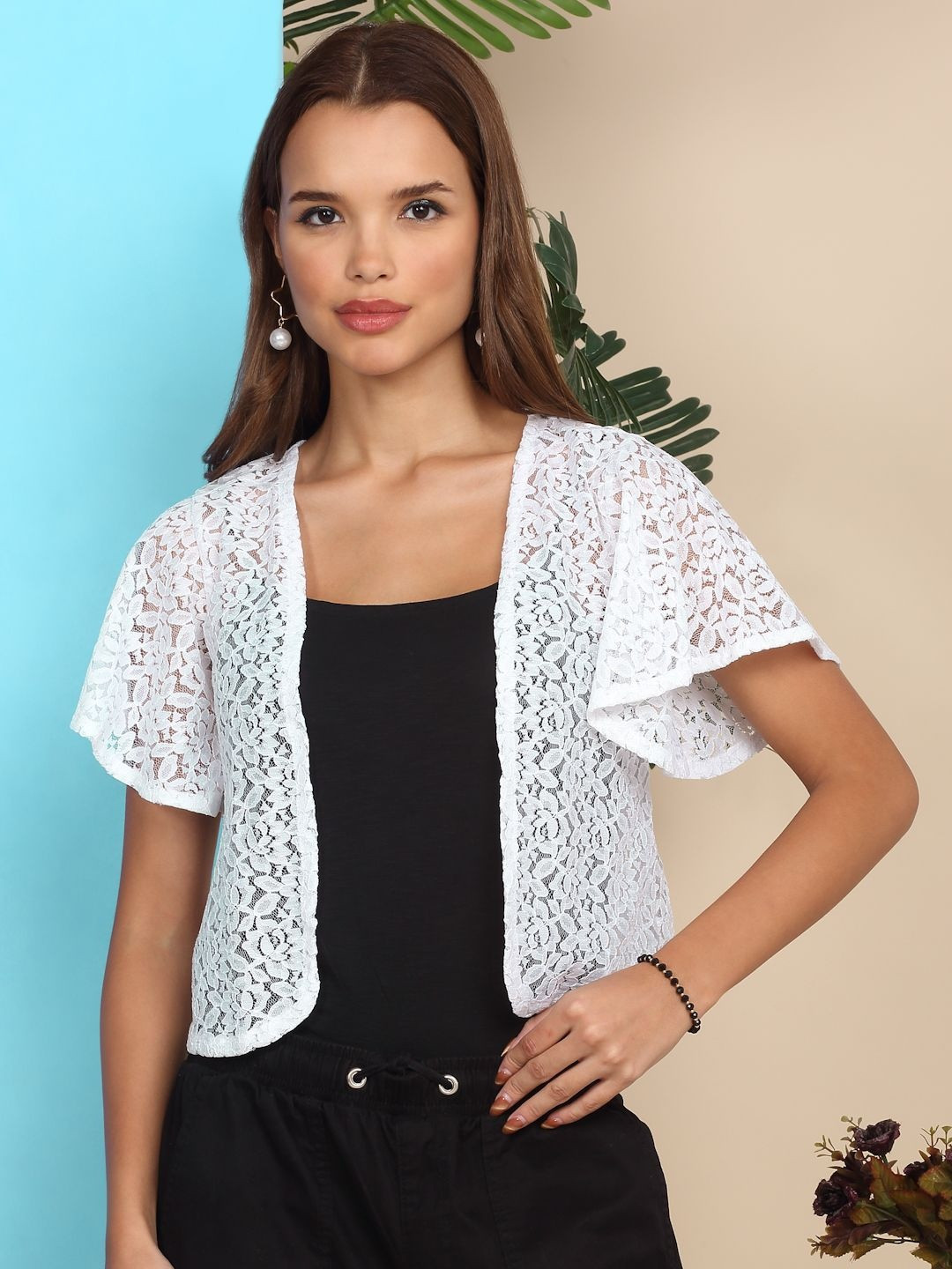 SZN Women White Lace Crop Shrug