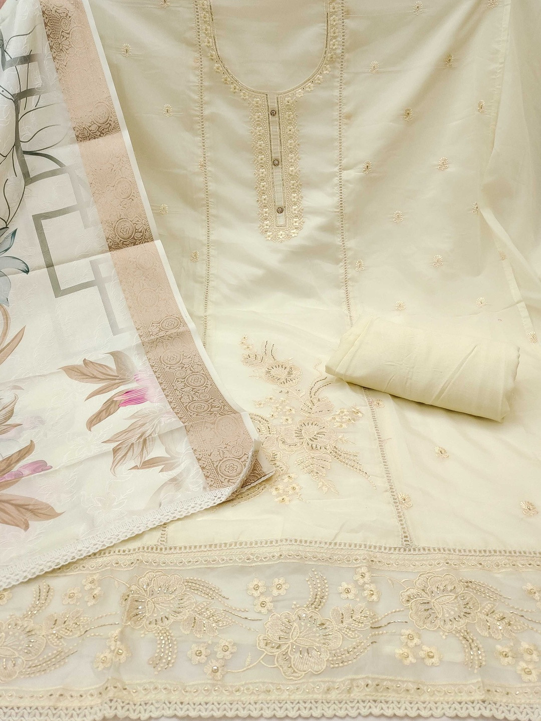 KALINI Organza White Embroidered Dress Material