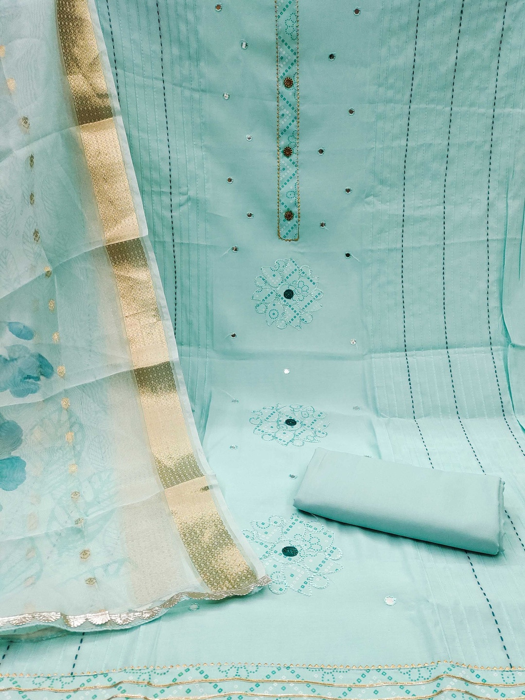 KALINI Cotton Blend Sea Green Embroidered Dress Material