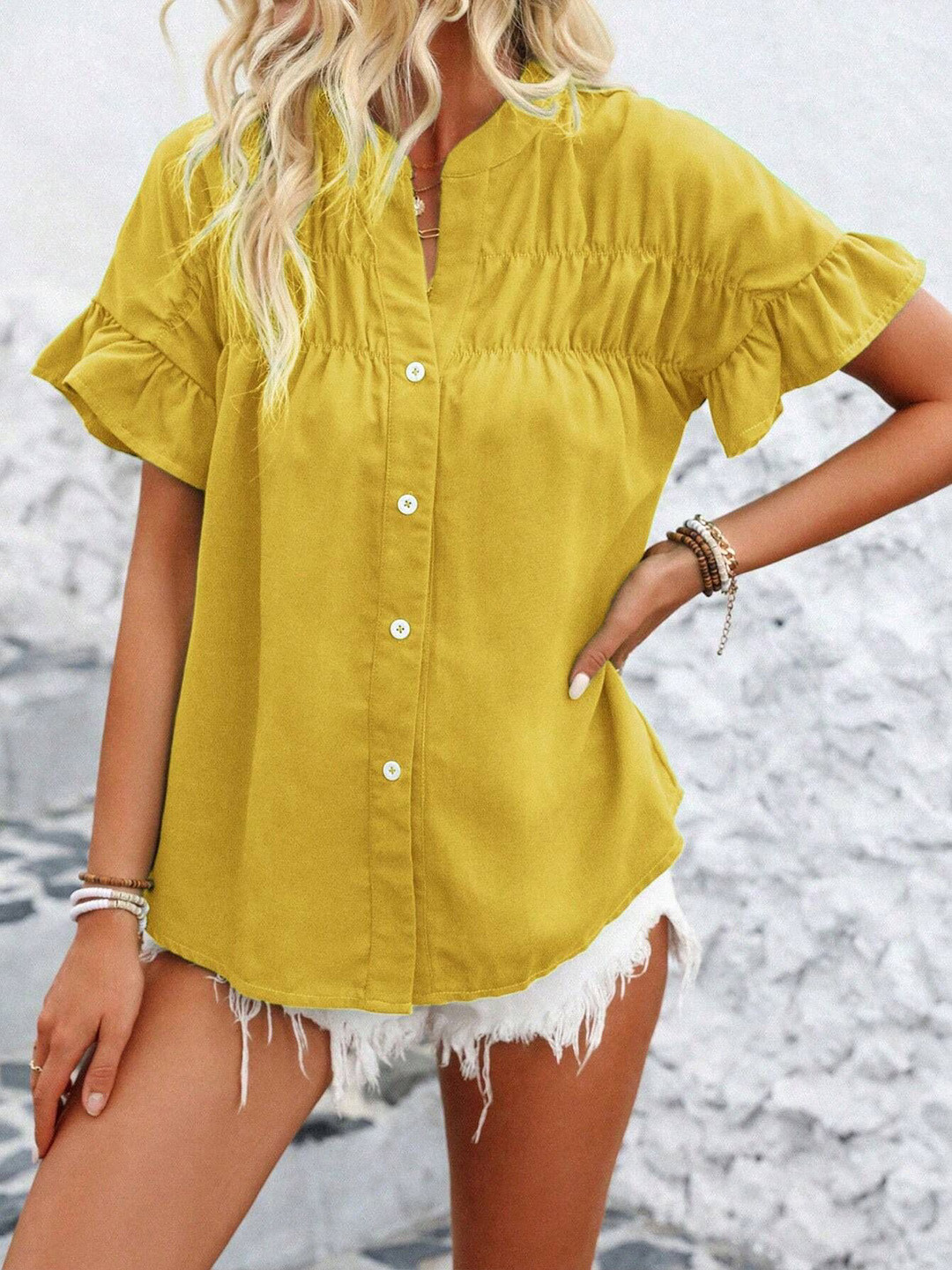 StyleCast Women Mustard Ruffle Sleeve High Neck Button-Front Top
