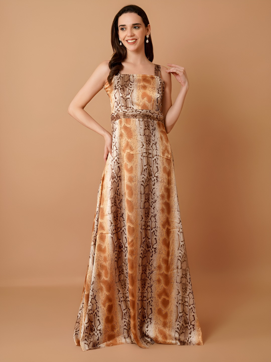 Magnetism Women Animal Printed Belted Satin Maxi Dress