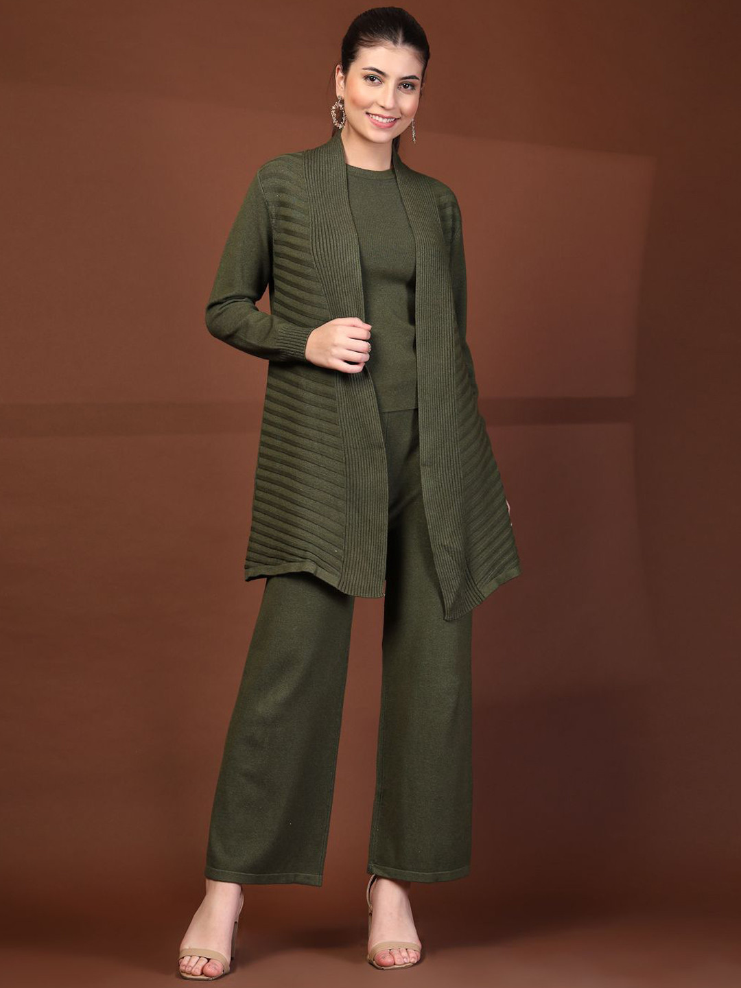 Mafadeny Women's 3-Pcs Round Neck Co-ord Set with Ribbed Cardigan & Wide-Leg Pants