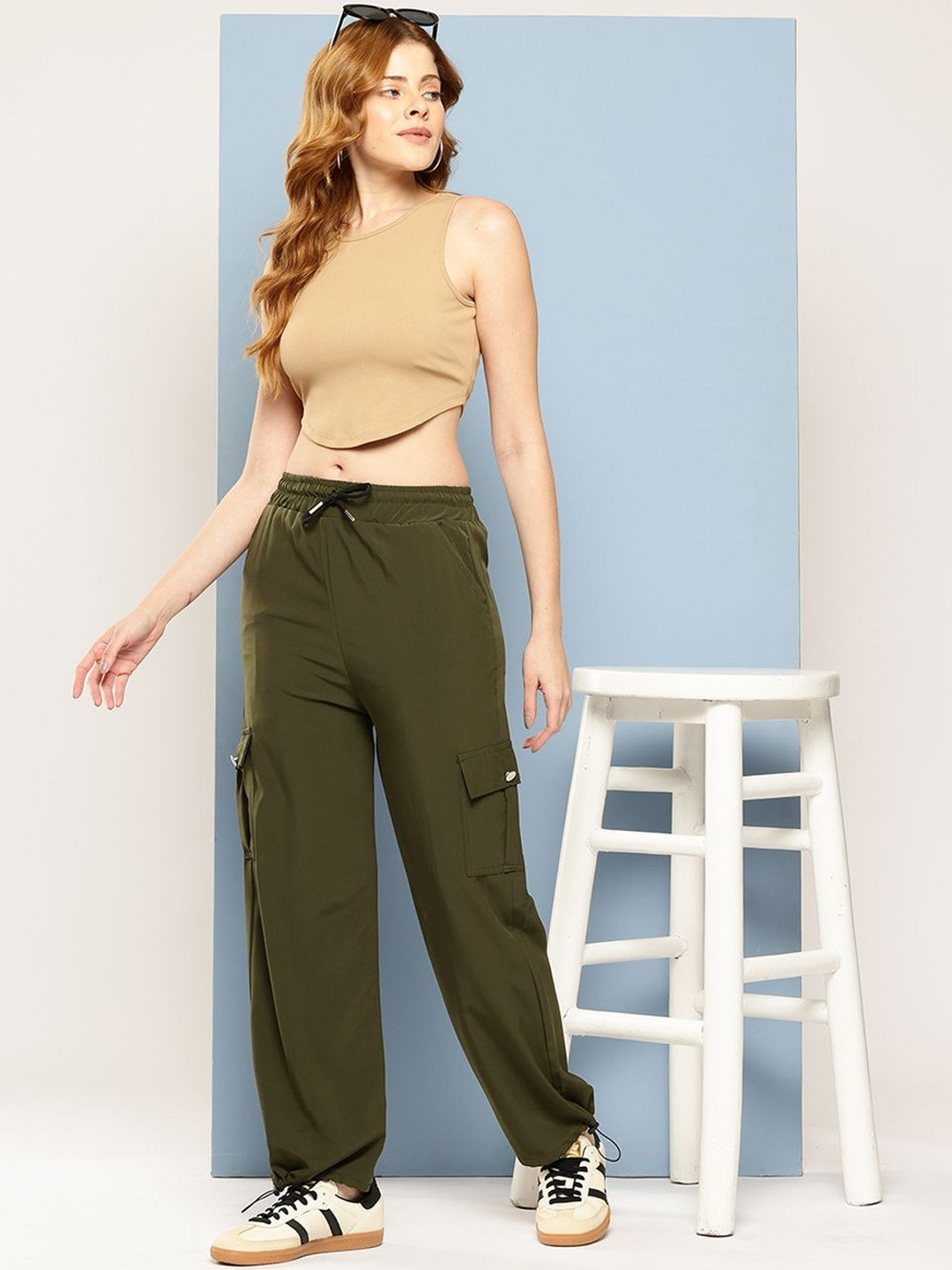 CORSICA Women Dark Green Casual Wear Solid Crepe Cargo Pant