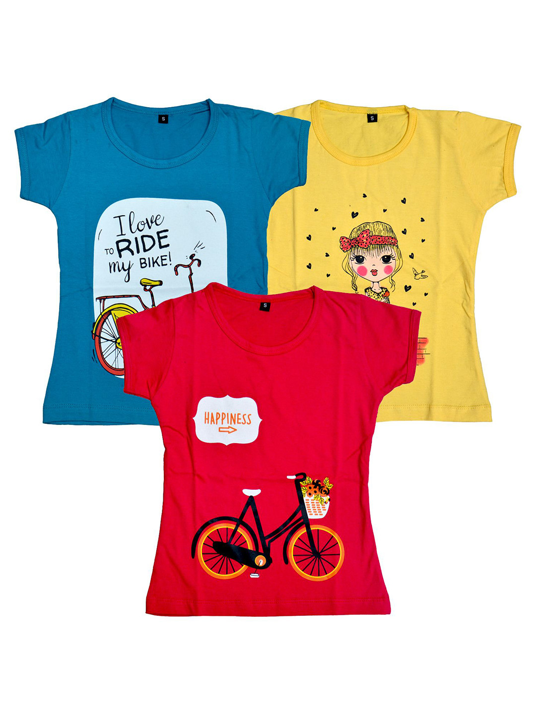 FAZZA Girls Pack Of 3 Grphic Printed Round Neck Regular T-shirt
