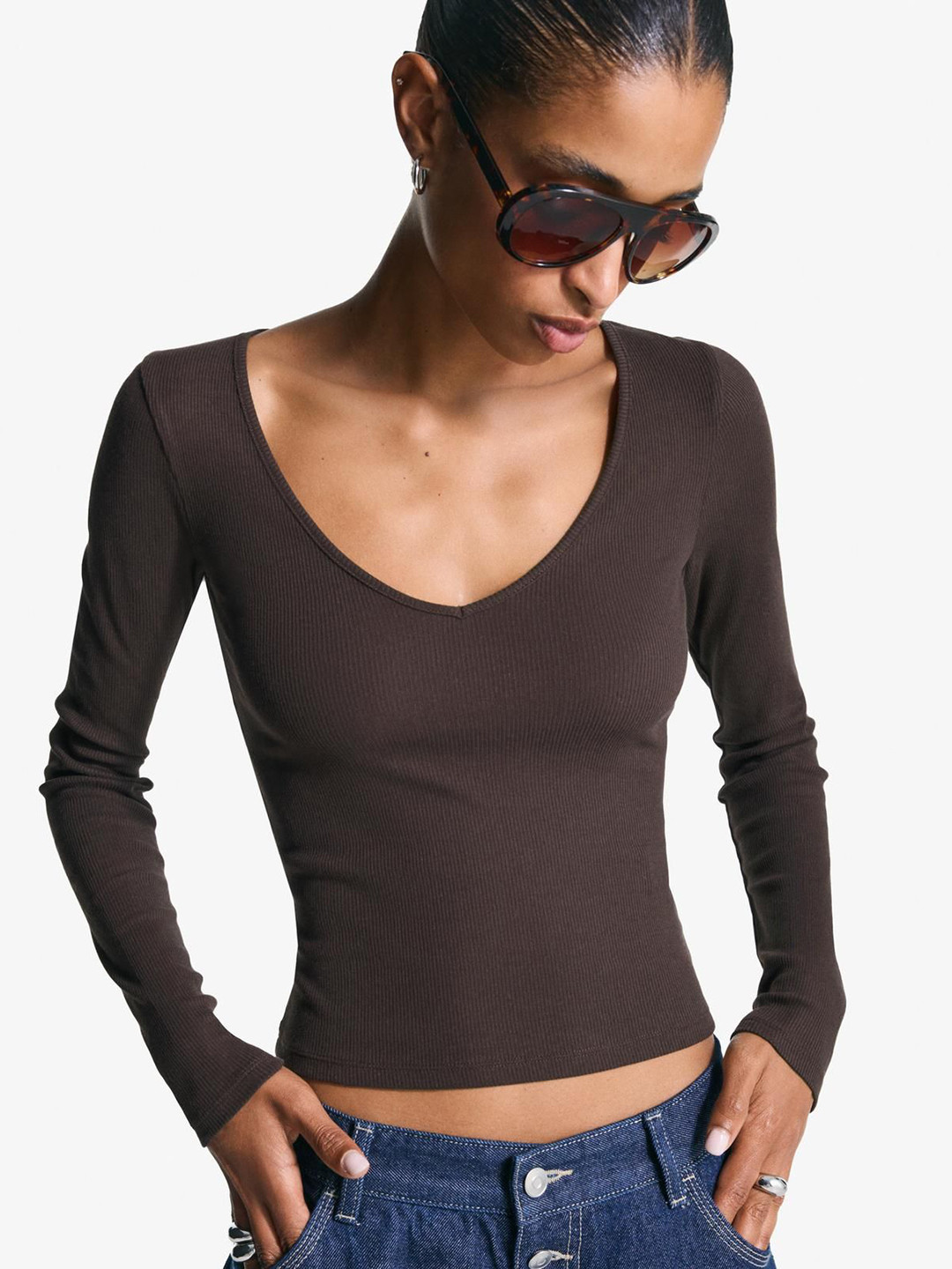 Bershka Long Sleeve V-neck T-shirt