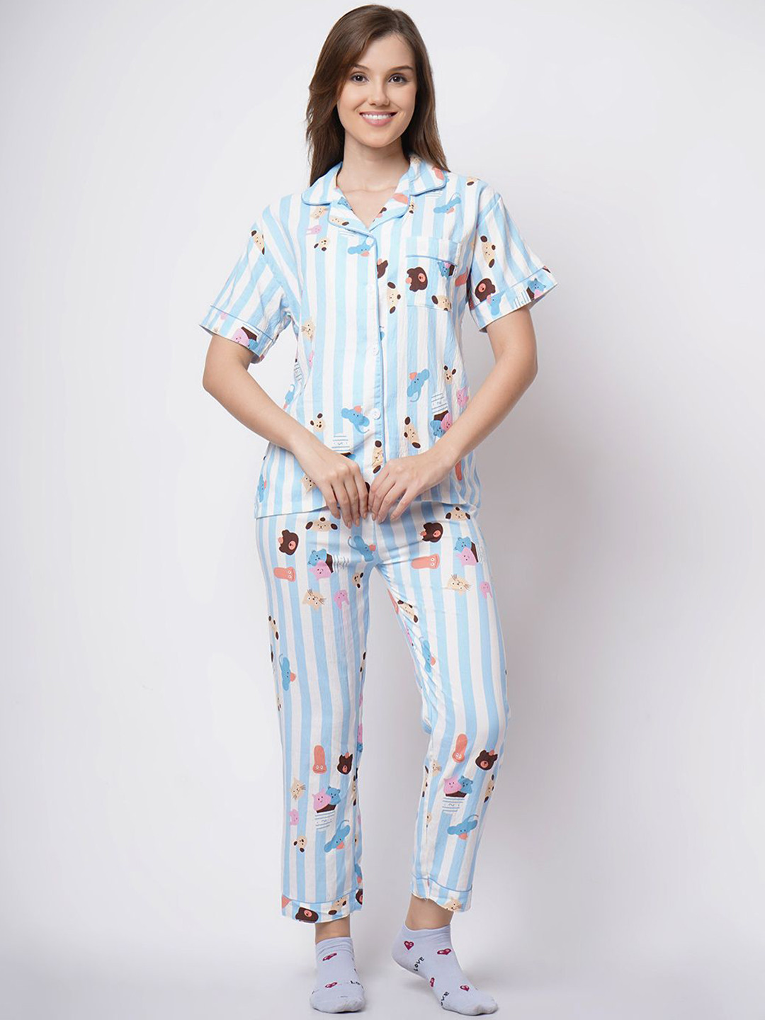 ADDYVERO Women Set Of 3 Cartoon Characters Printed Shirt Collar Night Suit