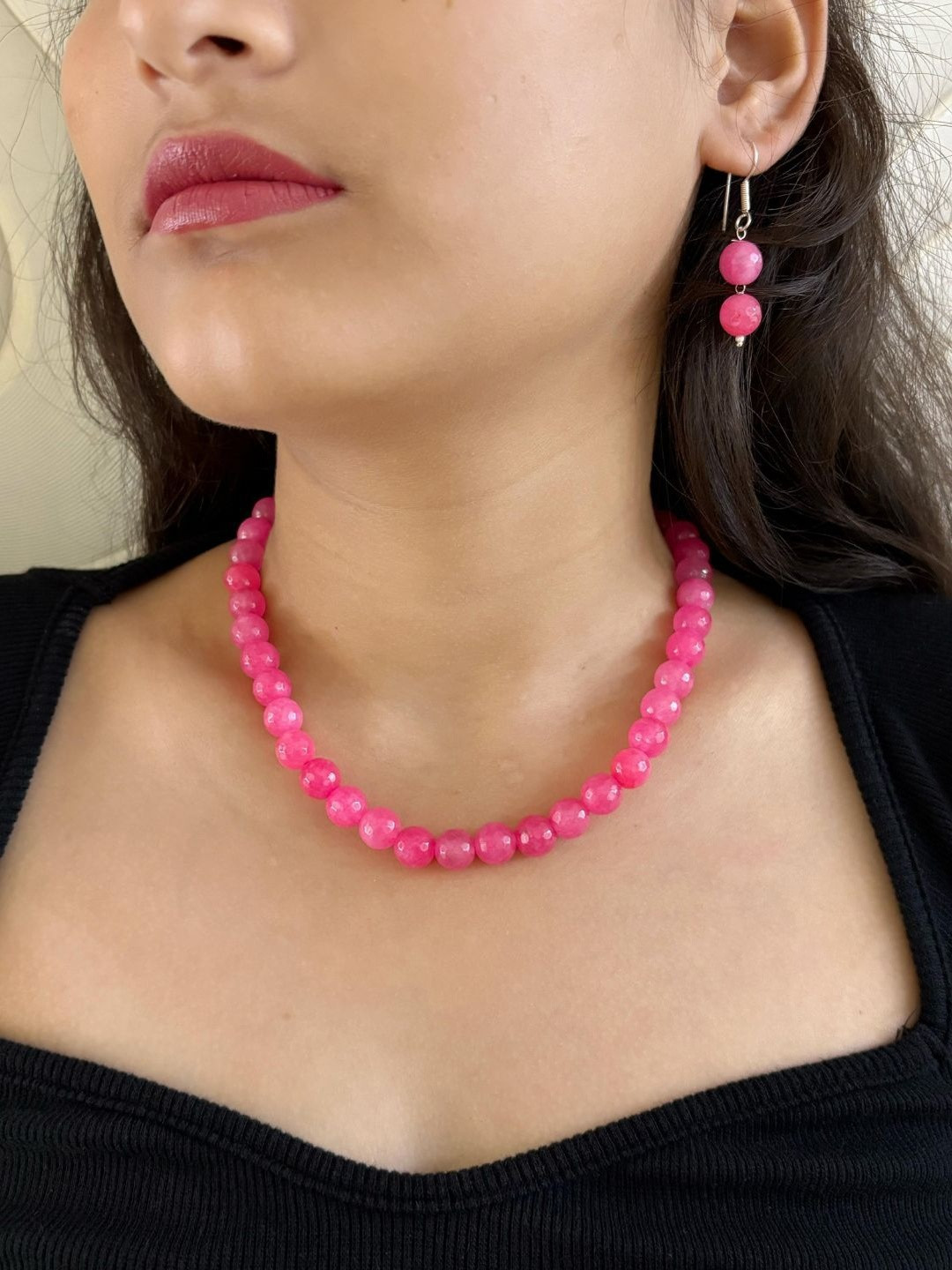 Gehna By Beadazzled Silver-Plated Green Jade Stones Beaded Necklace With Earrings