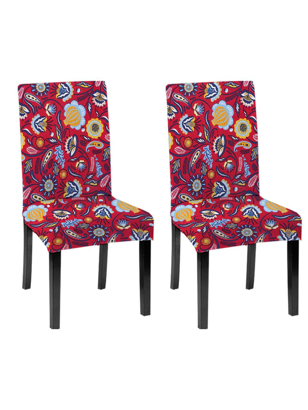 Lazi 200 GSM 2 Pieces Red & Blue Floral Printed Stretchable Dining Chair Covers