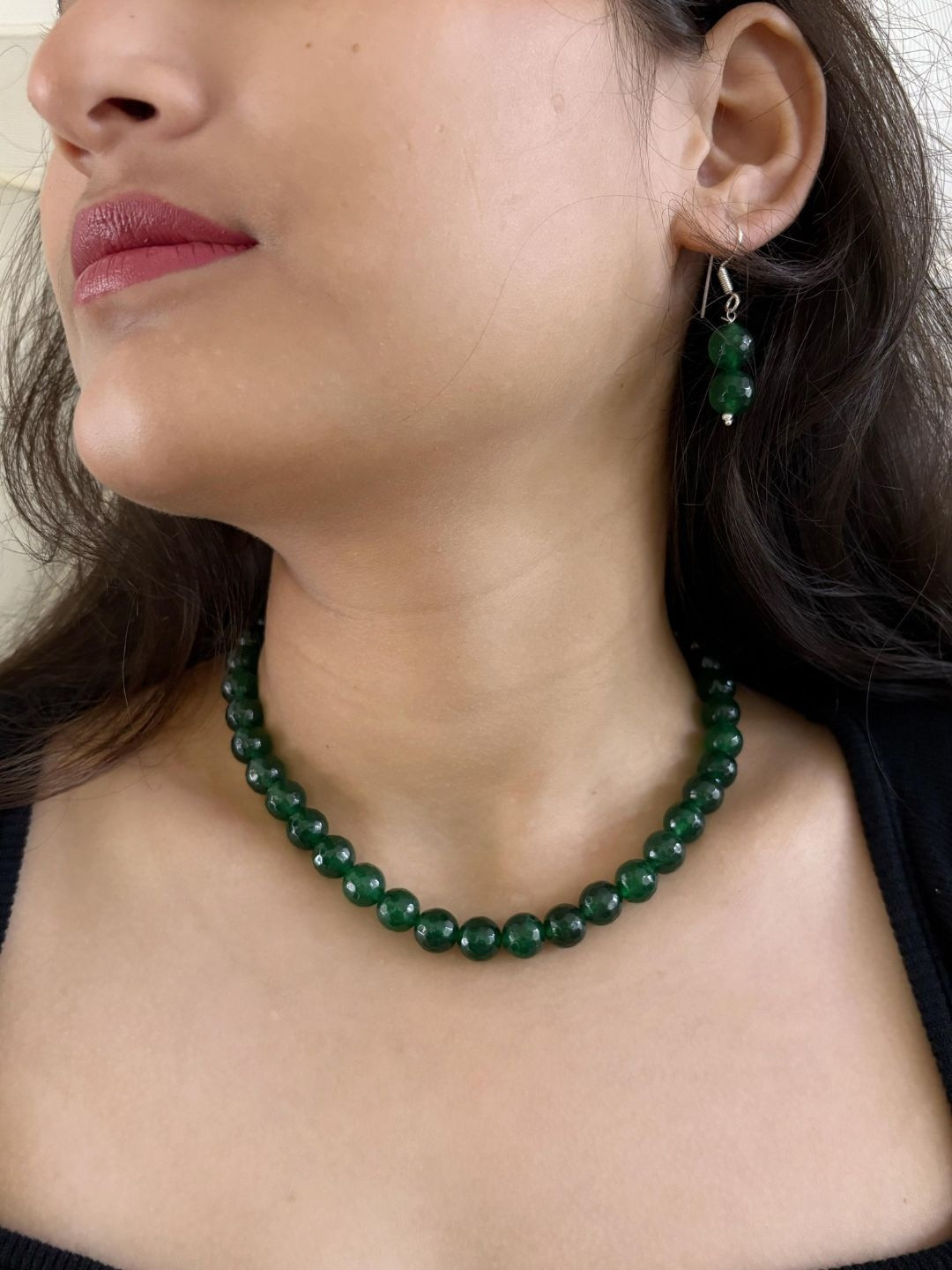 Gehna By Beadazzled Silver-Plated Green Jade Gemstone Beaded Jewellery Set
