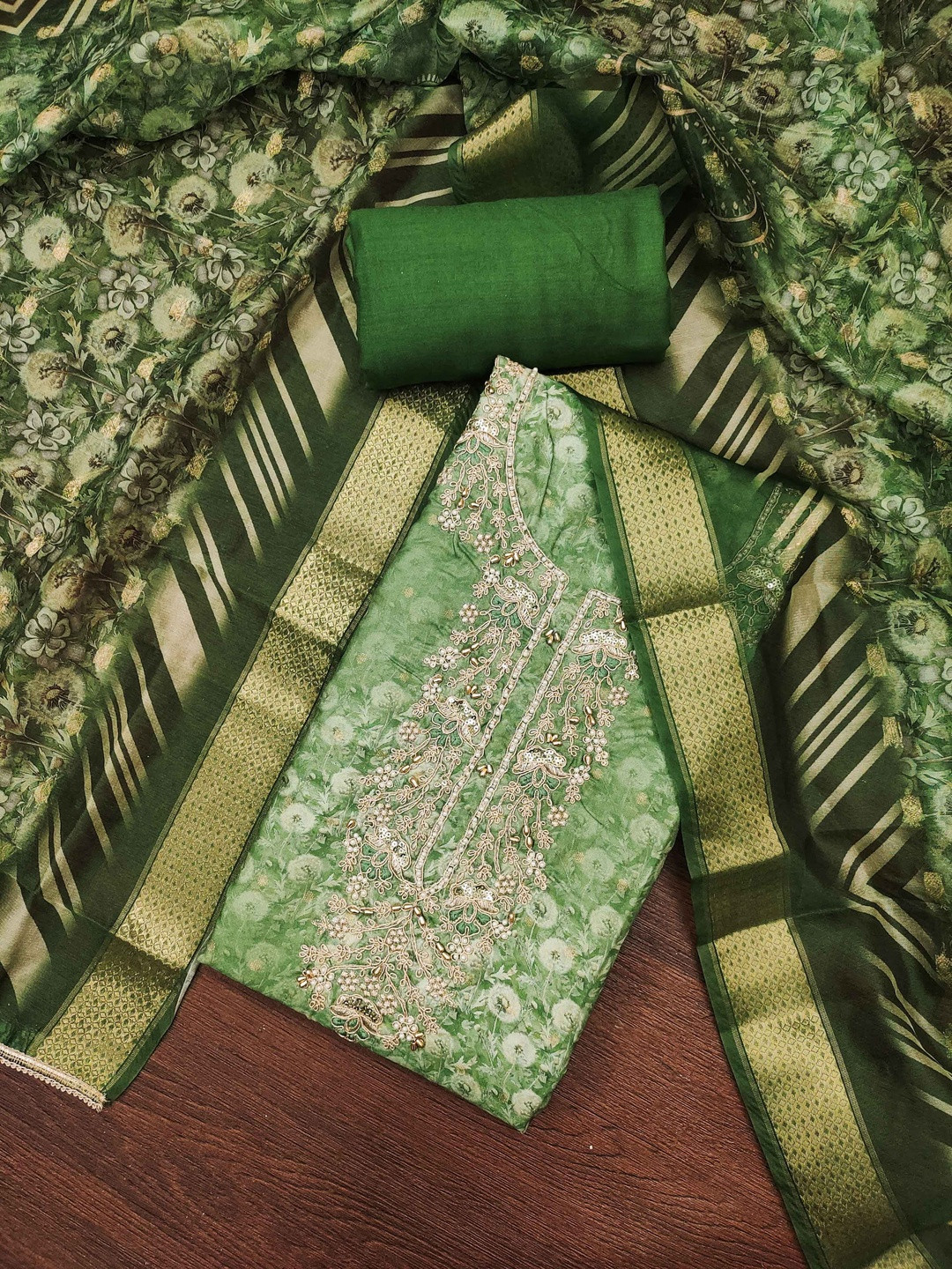 KALINI Light Green Banarasi Cotton Unstitched Dress Material