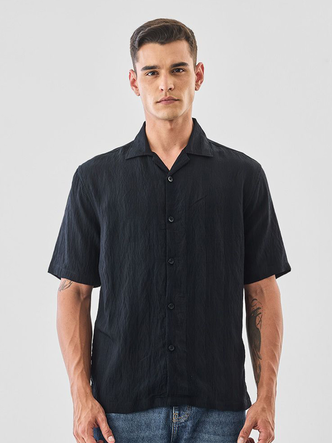 Snitch Men Black Textured Shirt