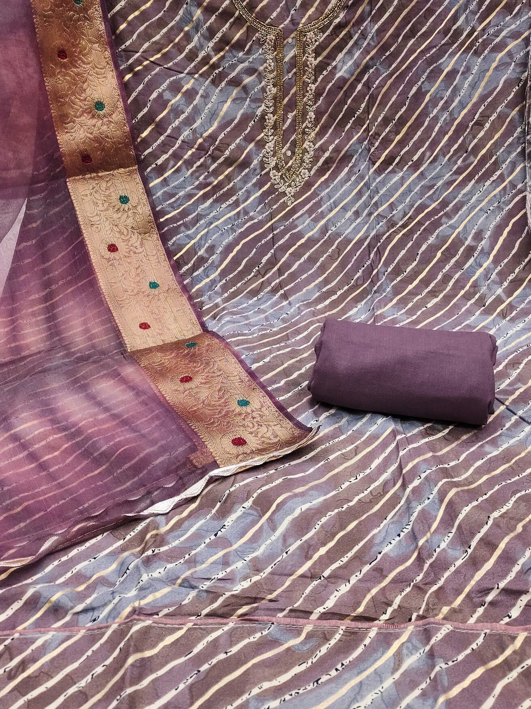 KALINI Cotton Blend Purple Embellished Dress Material