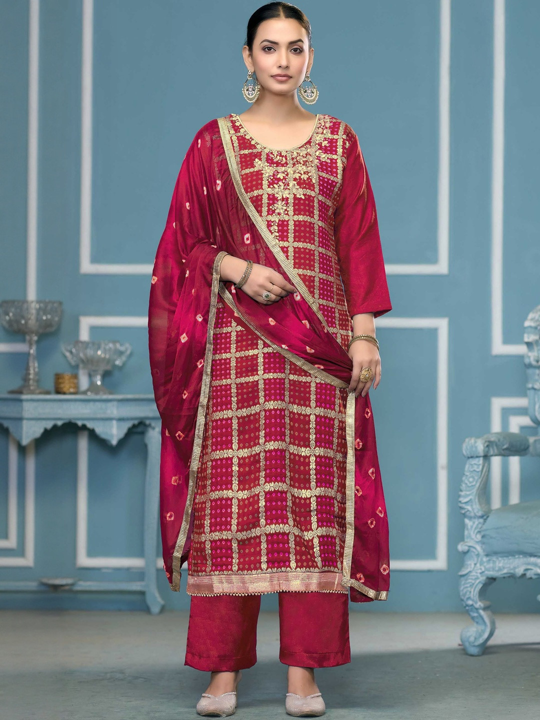 KALINI Cotton Blend Pink Woven Design Dress Material