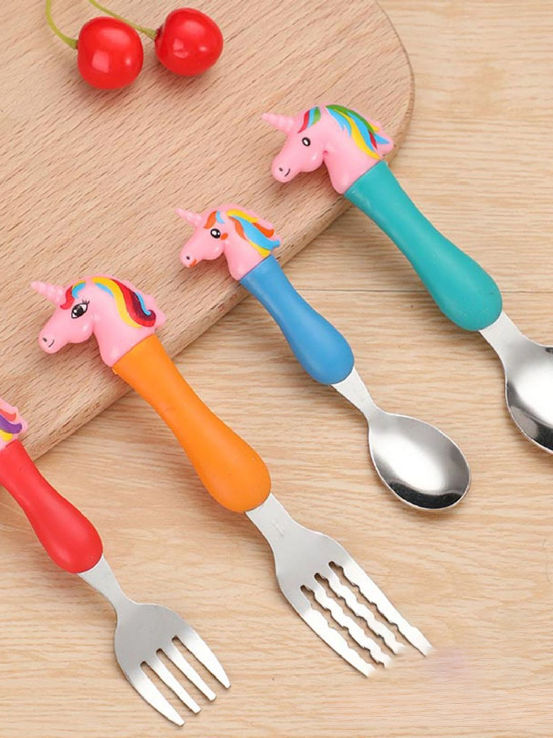 Puchku 4 Pieces Pink & Steel Plastic Cutlery Set