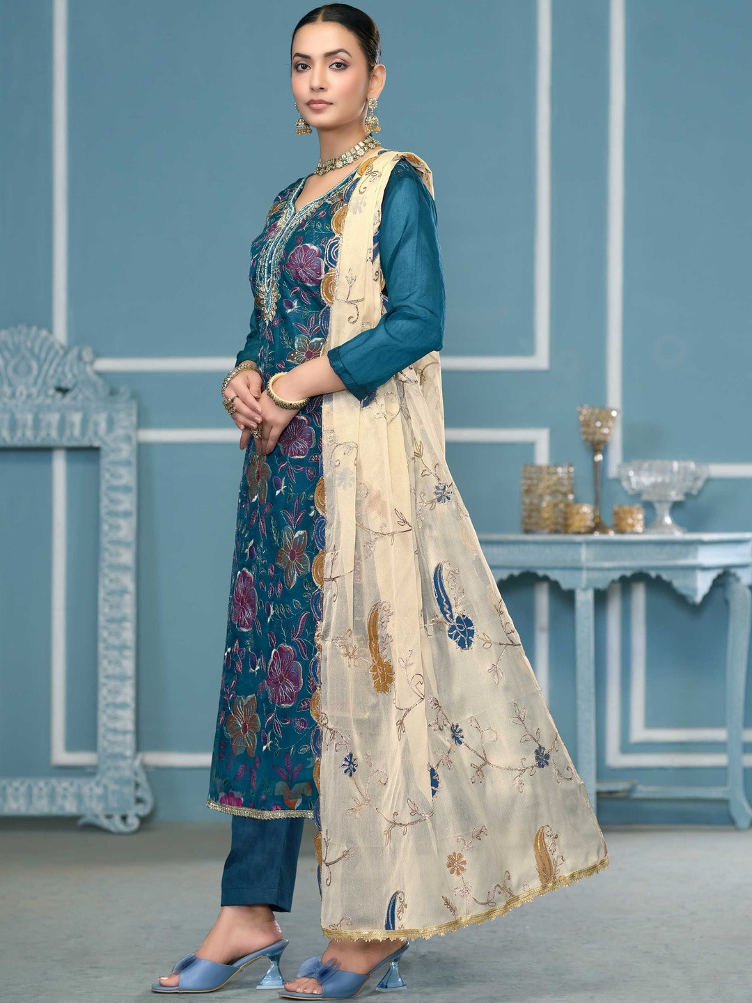 KALINI Women Blue Unstitched Dress Material With Off White Dupatta