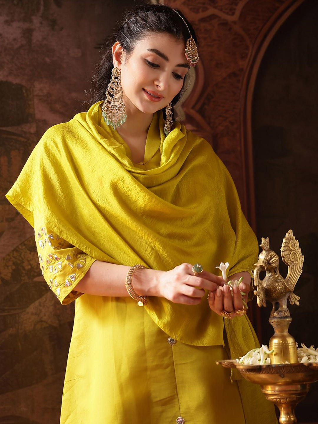 Stylum Shawl Collar A-Line Kurta With Trousers & Dupatta