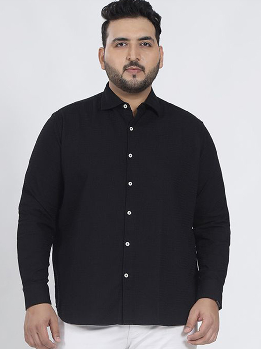 Snitch Men Black Textured Plus Size Shirt