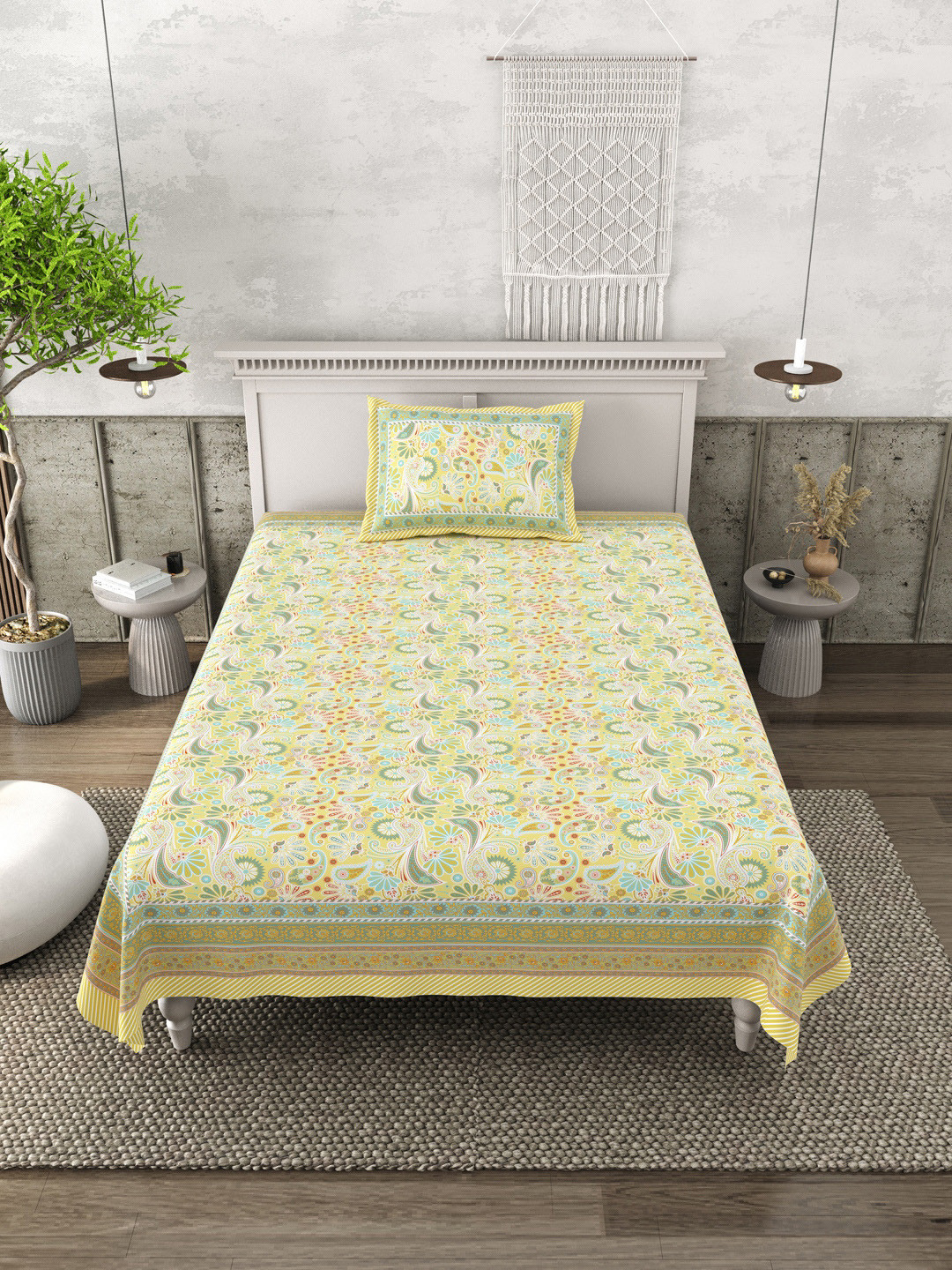 Plarsh Comfort Green Ethnic Motifs Pure Cotton 240 TC Single Bedsheet - 1.60 m x 2.28 m