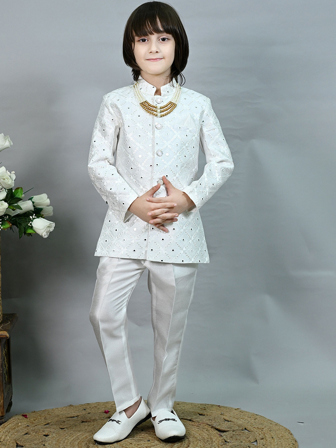 ahhaaaa Boys Floral Woven Design Jodhpuri Bandhgala Suit Set With Mala